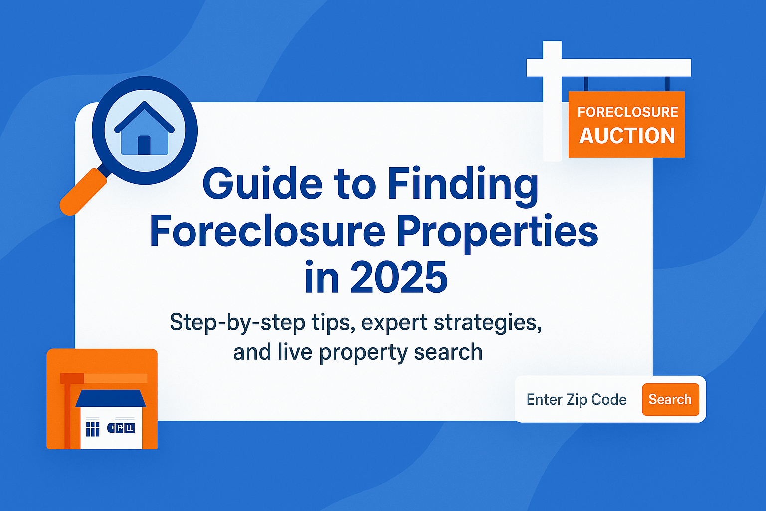 Guide to Finding Foreclosure Properties in 2025 - feature banner with centered title, subtitle, and icons of house search, auction sign, and property widget in blue, orange, and white.
